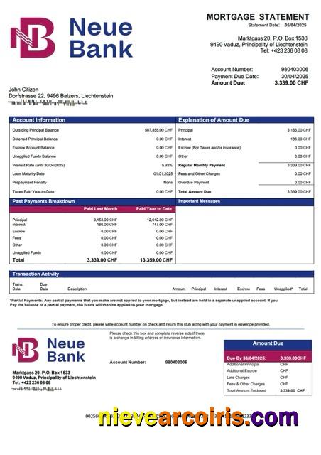 Liechtenstein Neue Bank mortgage statement Word and PDF template